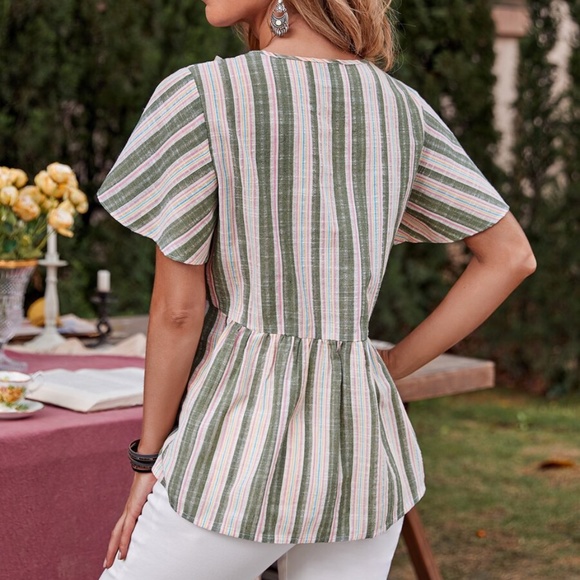 Boho Green Stripes Lace Up Babydoll Top Flutter - Picture 3 of 5